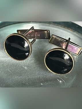 PIONEER Vintage Black Enamel Round Cufflinks with Gold-Tone Trim